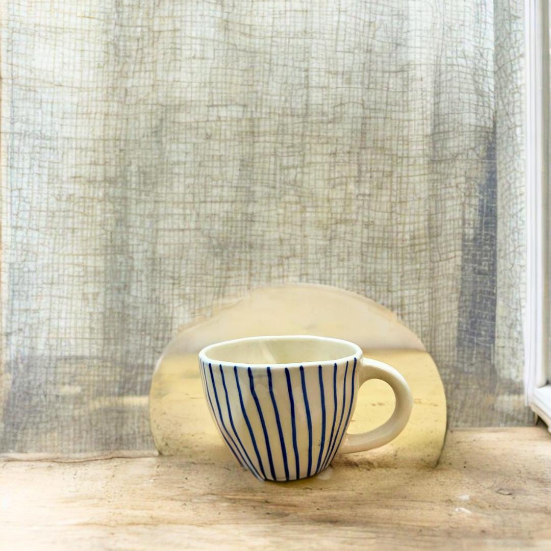 Ceramic Tea Cups with Handmade Line Print Set of 2