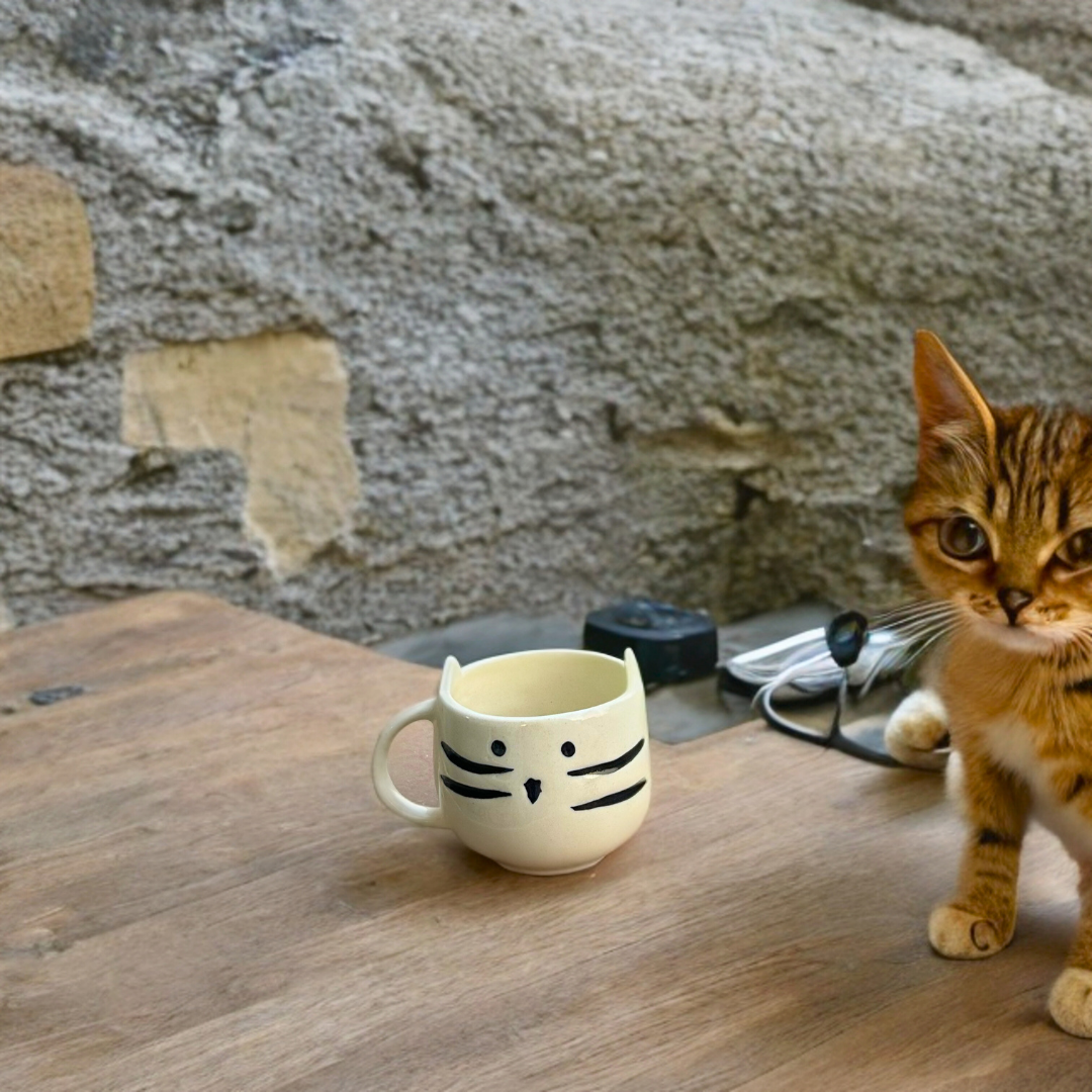 Cat Design Ceramic Tea Cups Set of 2