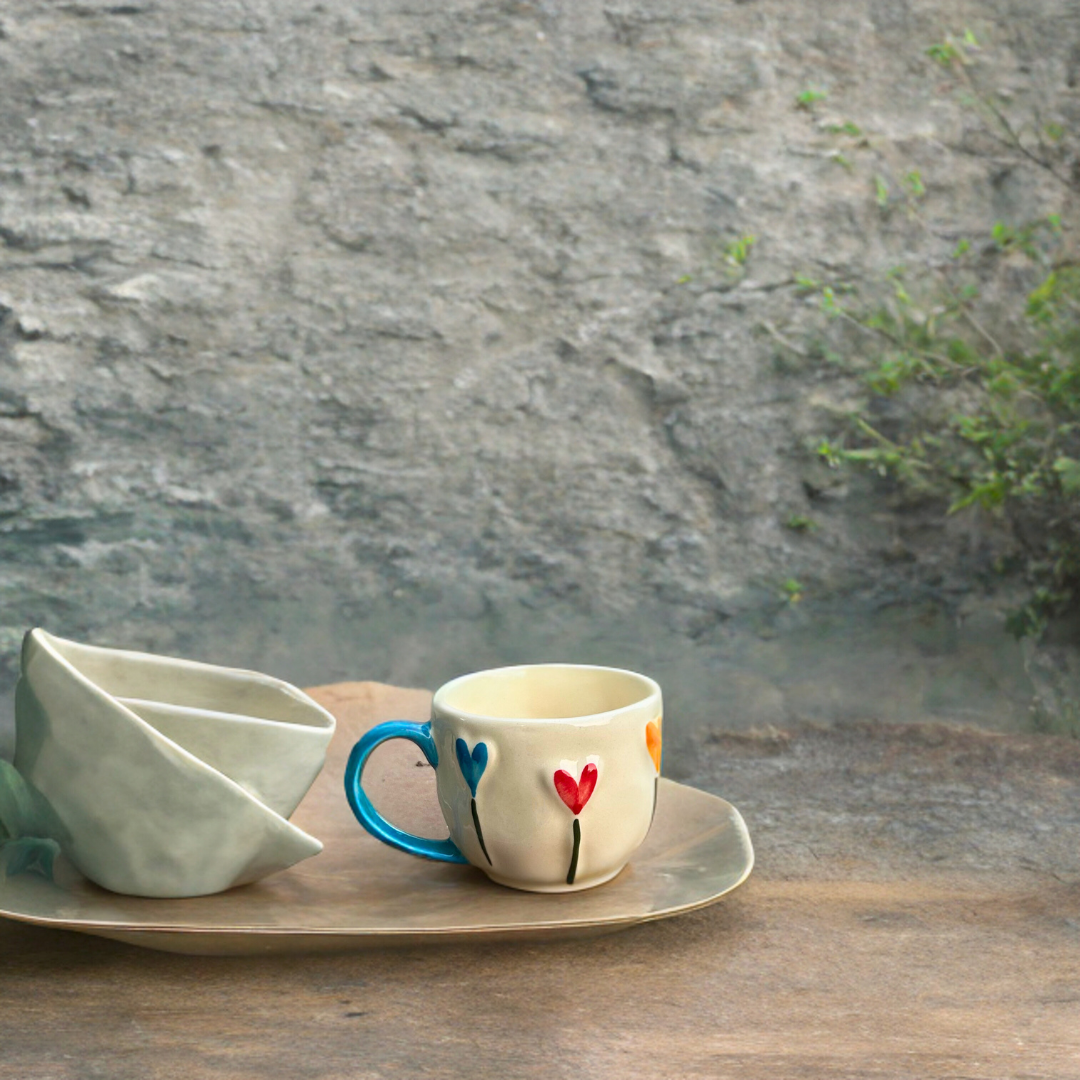 Ceramic Tea Cups with 3D Heart Print Design Set of 2