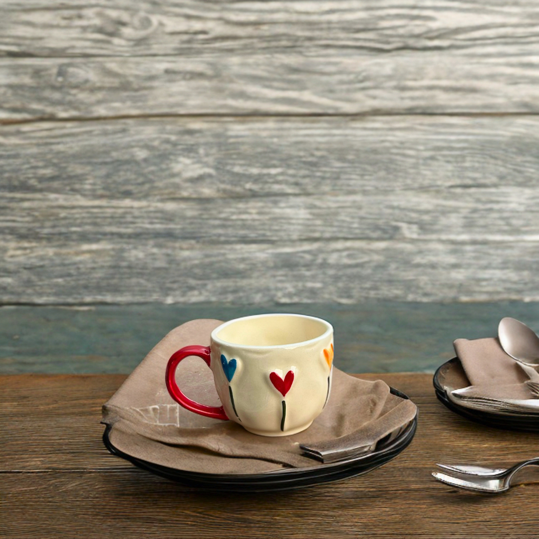 Ceramic Tea Cups with 3D Heart Print Design Set of 2