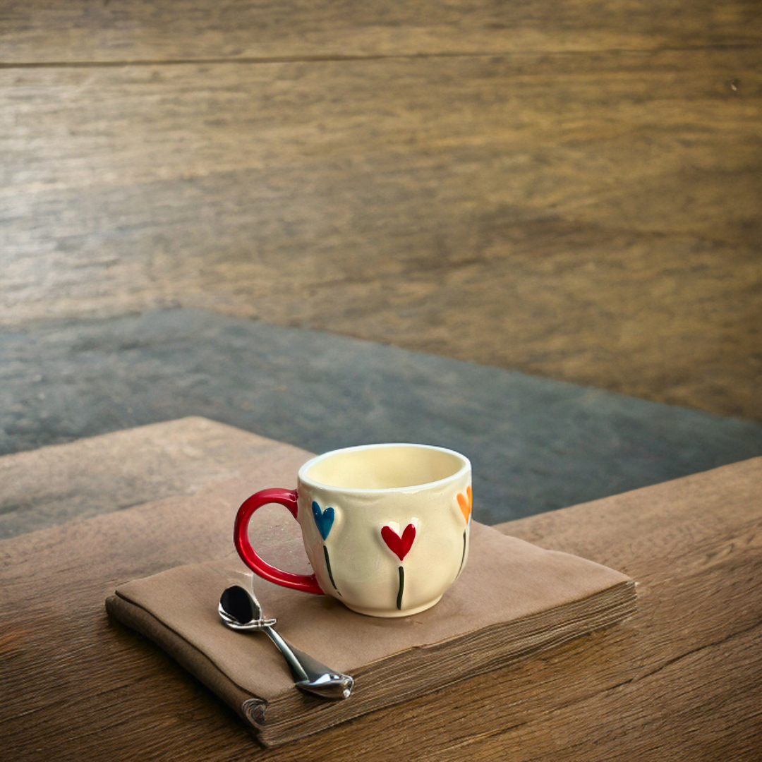 Ceramic Tea Cups with 3D Heart Print Design Set of 2