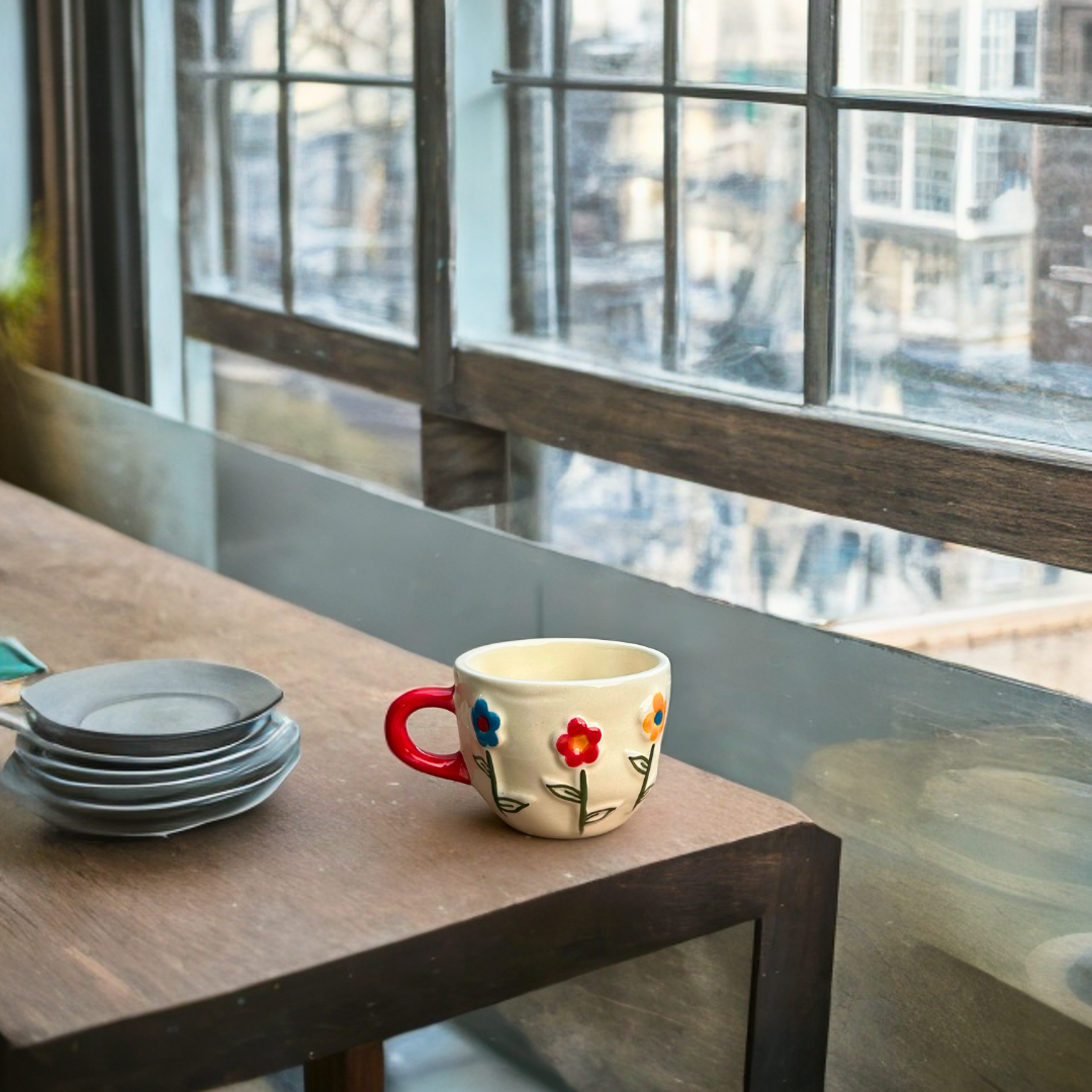 Ceramic Tea Cups with 3D Flower Print Design Set of 2