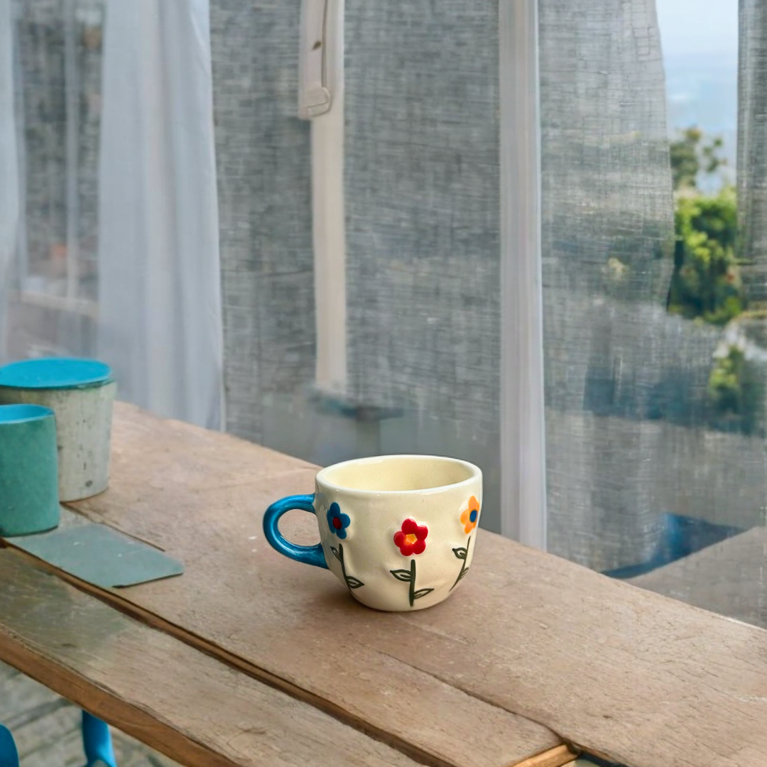 Ceramic Tea Cups with 3D Flower Print Design Set of 2