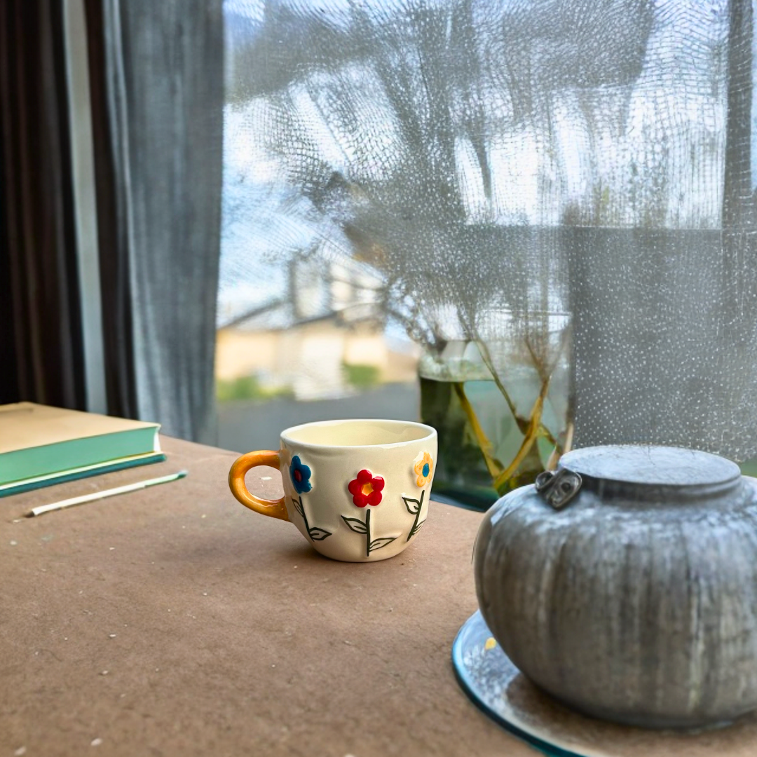 Ceramic Tea Cups with 3D Flower Print Design Set of 2