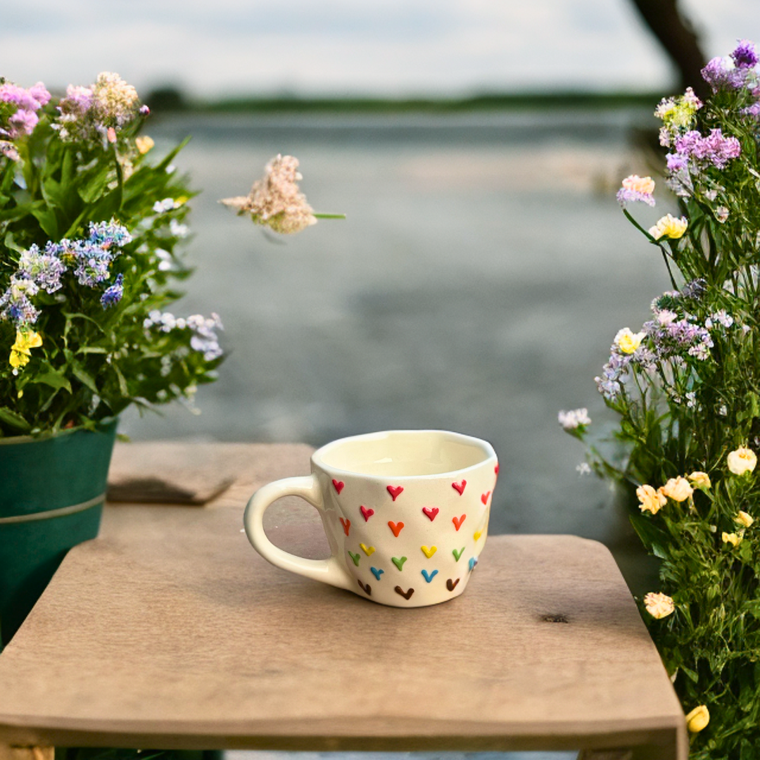 Ceramic Tea Cups with 3D Multi-Colored Heart Print 