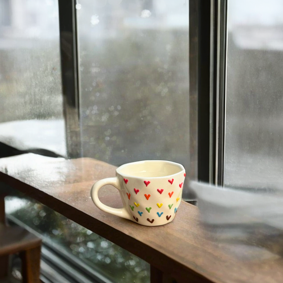 Ceramic Tea Cups with 3D Multi-Colored Heart Print 