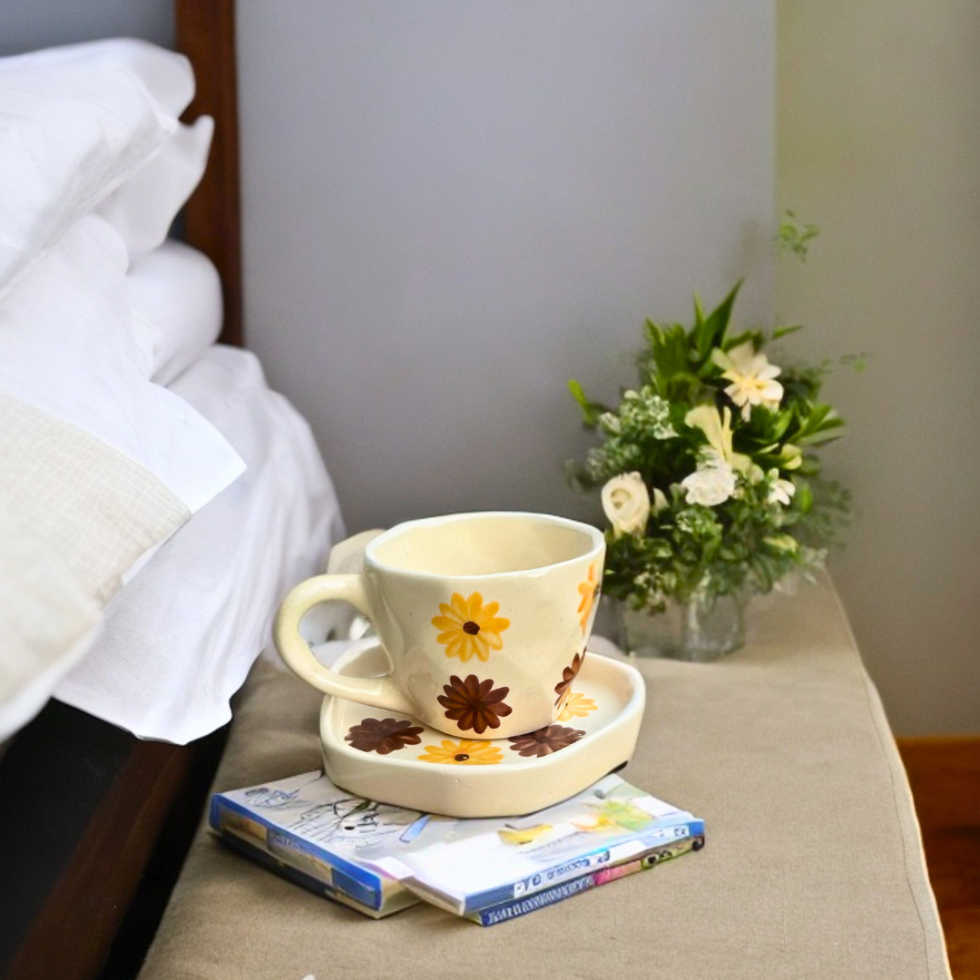 Ceramic Tea Cup and Saucer Set: Handmade Flower Design