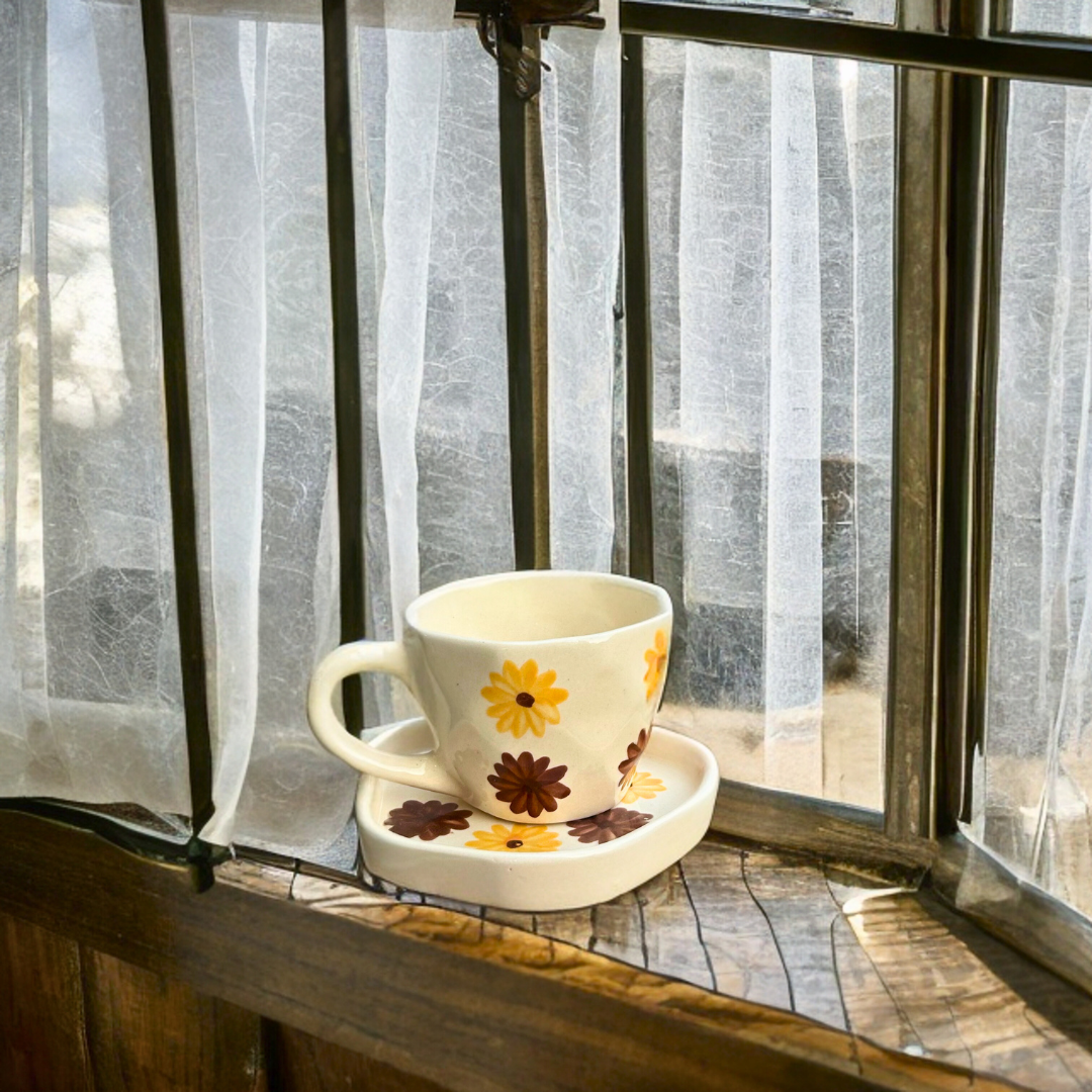 Ceramic Tea Cup and Saucer Set: Handmade Flower Design