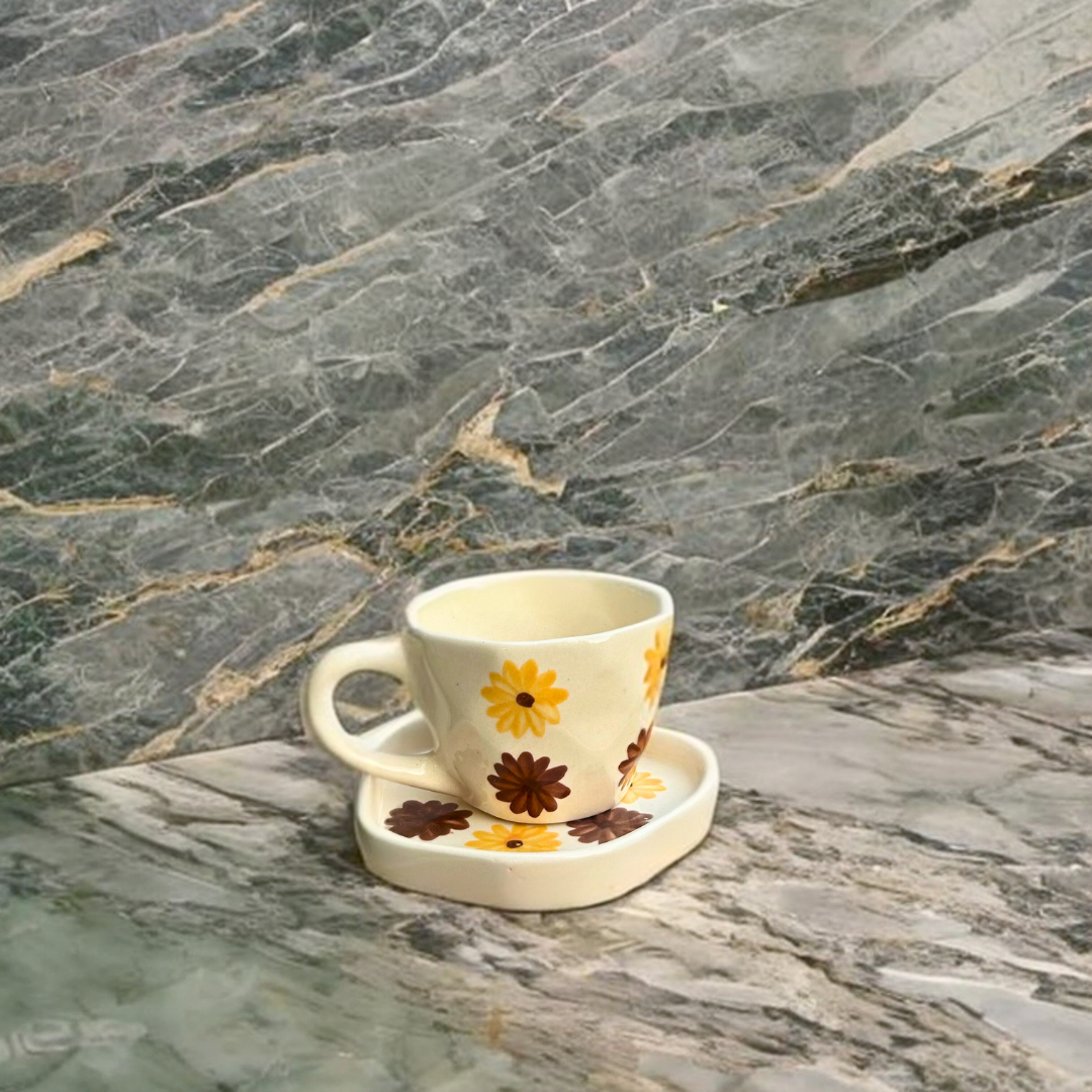 Ceramic Tea Cup and Saucer Set: Handmade Flower Design