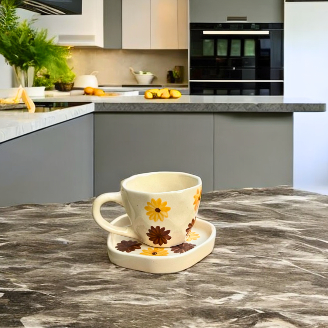 Ceramic Tea Cup and Saucer Set: Handmade Flower Design