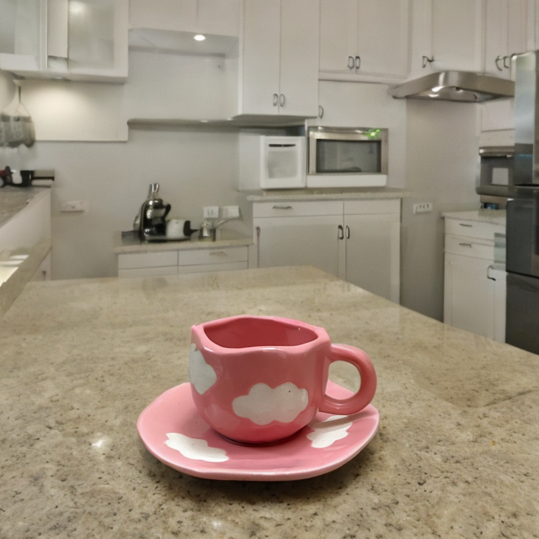 Ceramic Tea Cup and Saucer Set : Pink Cloud Design
