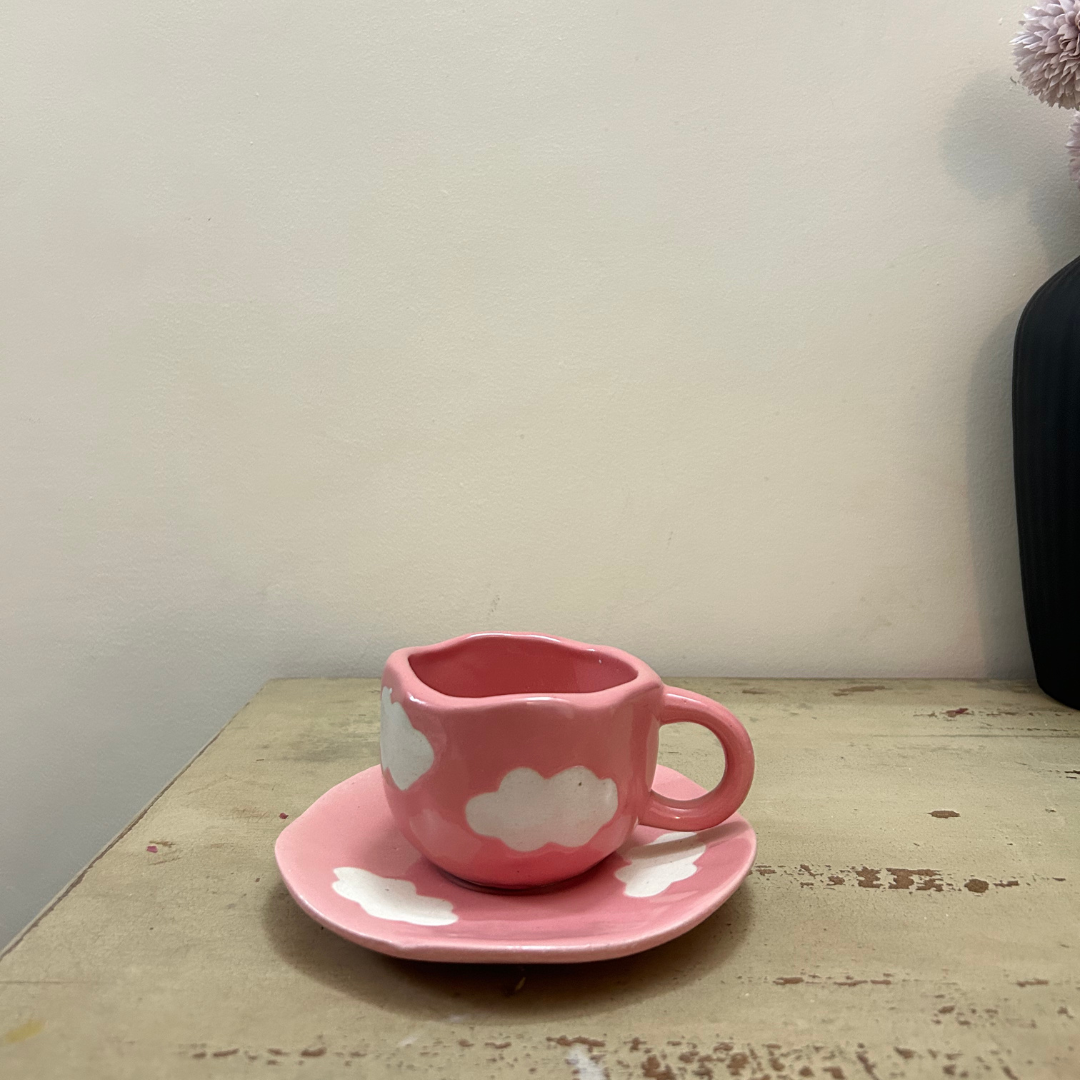 Ceramic Tea Cup and Saucer Set : Pink Cloud Design