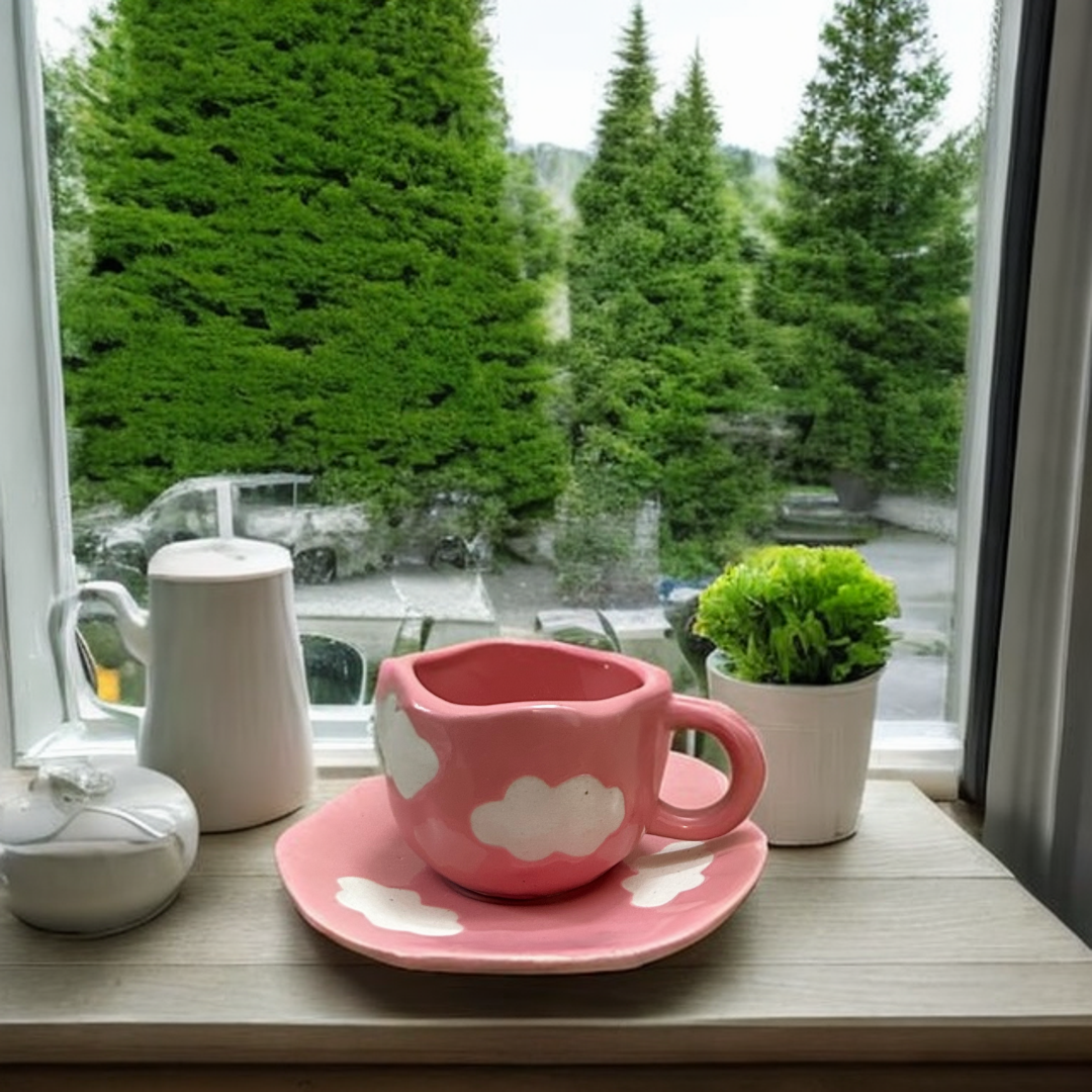 Ceramic Tea Cup and Saucer Set : Pink Cloud Design