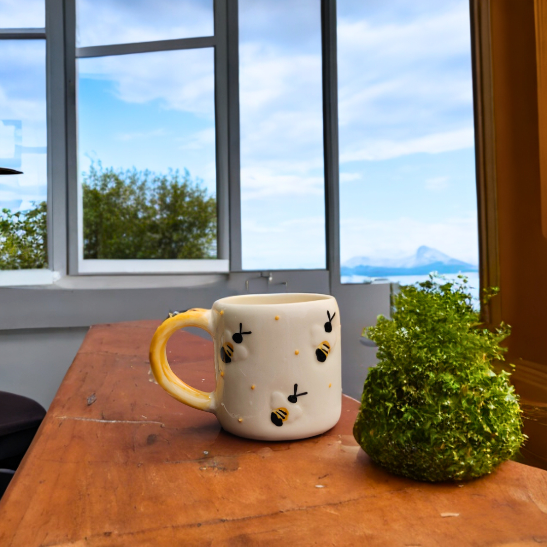 Ceramic Coffee Mug Bee Carving