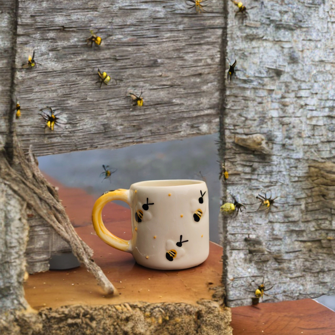 Ceramic Coffee Mug Bee Carving