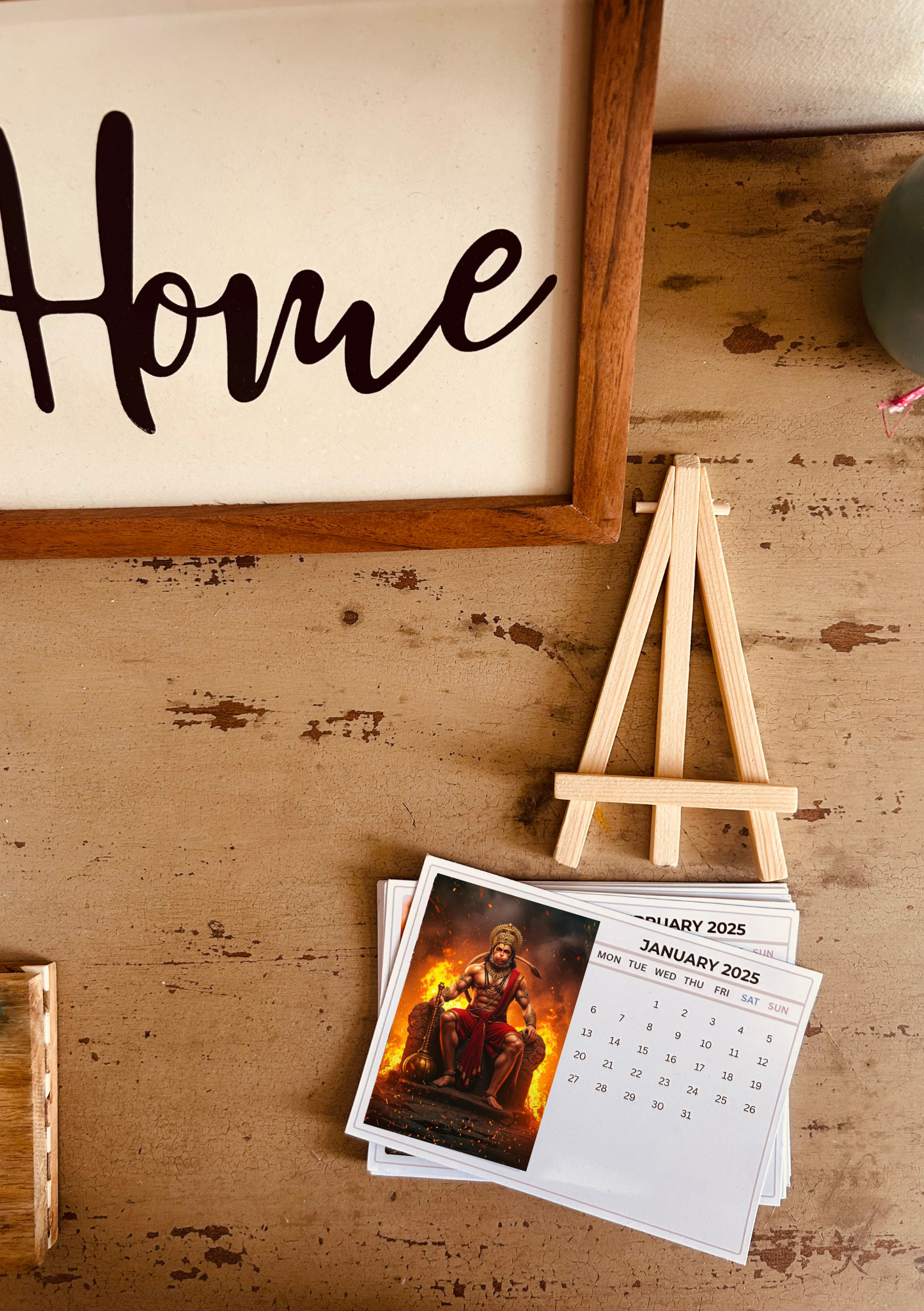 2025 Desk Calendar Card Set with Wooden Stand – 12 Monthly 4x6 Inch Aesthetic Indian God Art Prints – Divine Decor Gift for Home, Office, Teachers & Loved Ones