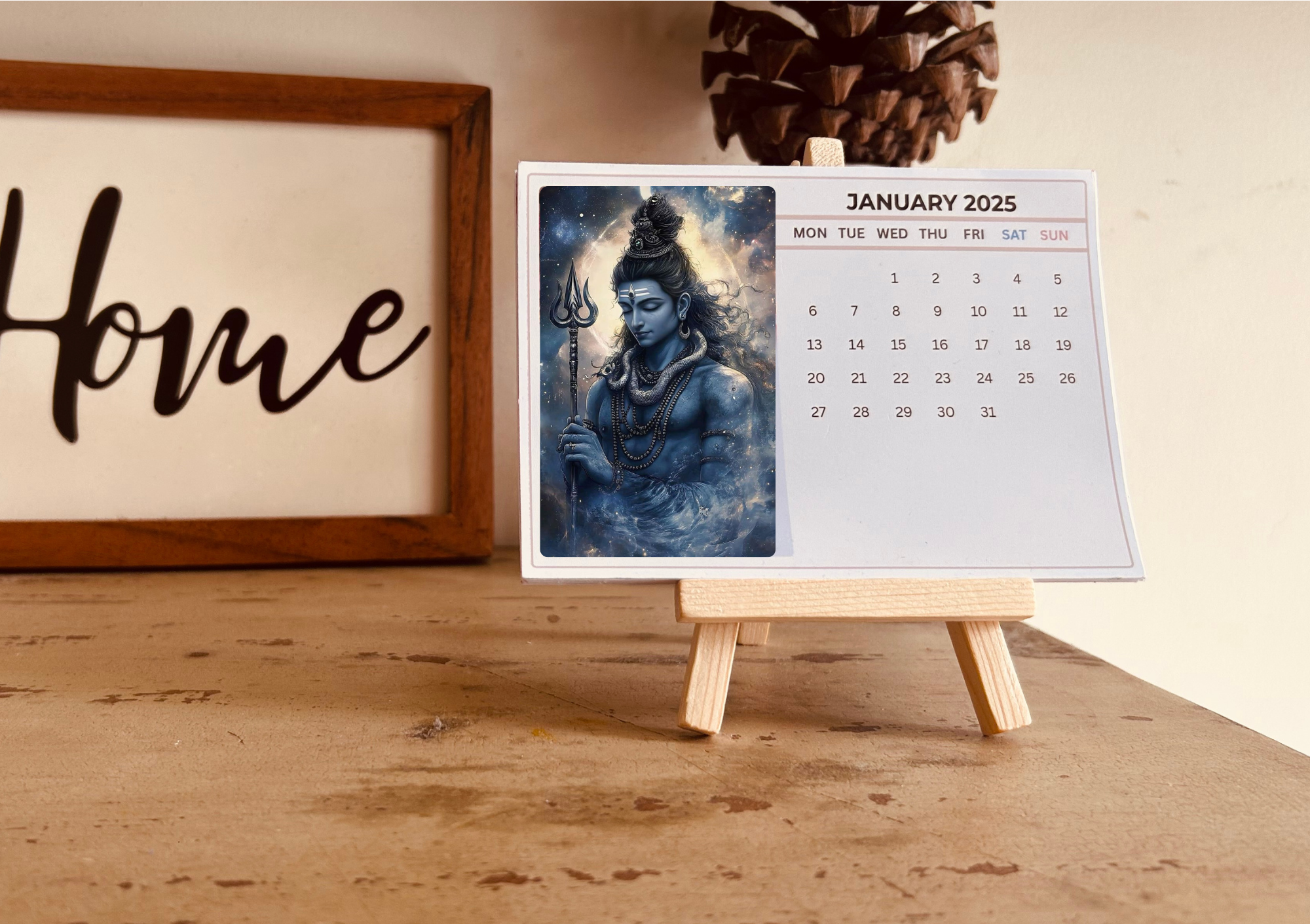 2025 Desk Calendar Card Set with Wooden Stand – 12 Monthly 4x6 Inch Aesthetic Indian God Art Prints – Divine Decor Gift for Home, Office, Teachers & Loved Ones