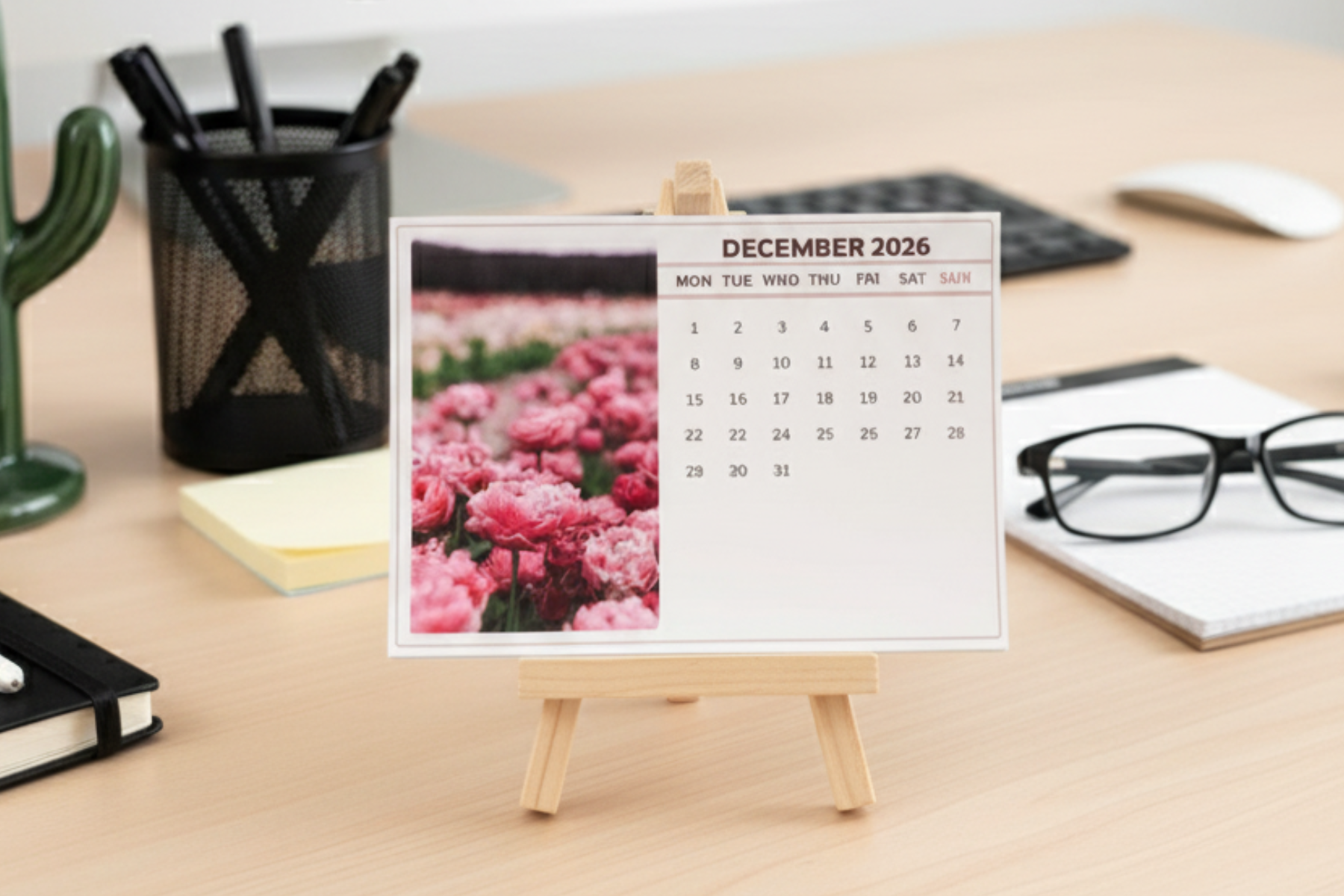 2026 Desk Calendar with Wooden Stand