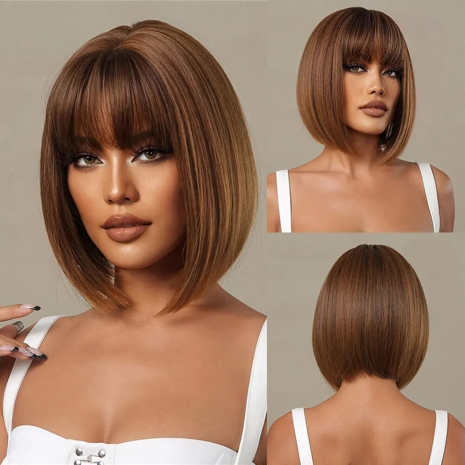 Perruque naturelle, Bob courte marron miel, cheveux aspect naturel, synthétique, LIVRAISON GRATUITE