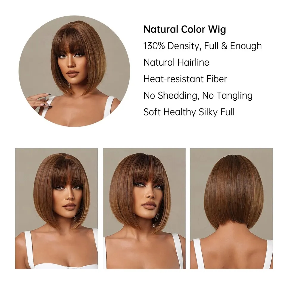 Perruque naturelle, Bob courte marron miel, cheveux aspect naturel, synthétique, LIVRAISON GRATUITE