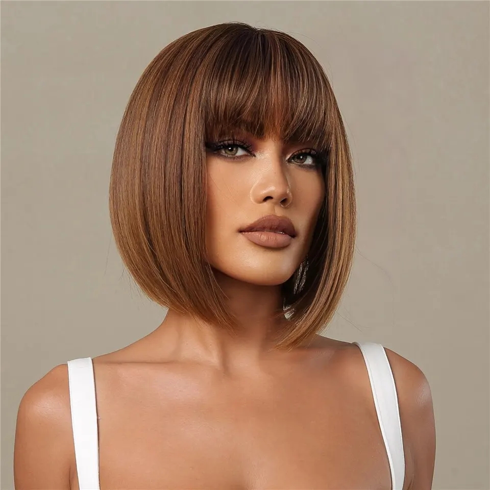 Perruque naturelle, Bob courte marron miel, cheveux aspect naturel, synthétique, LIVRAISON GRATUITE
