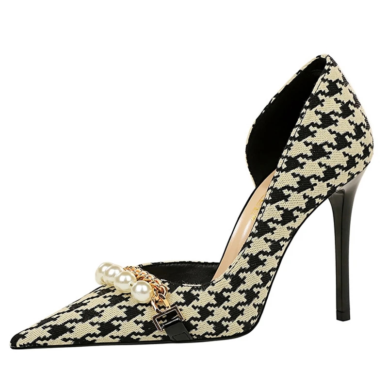 chaussures femme talon, Escarpins noirs, en métal perlé, talons fins, à carreaux, LIVRAISON GRATUITE