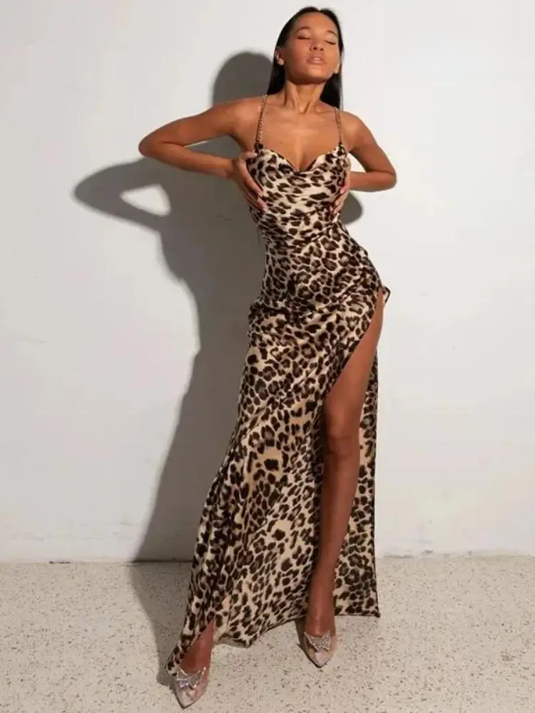 Robe longue femme, Léopard Col en V, robe longue en Bretelles, dos nu, LIVRAISON GRATUITE