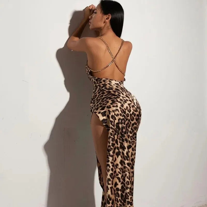 Robe longue femme, Léopard Col en V, robe longue en Bretelles, dos nu, LIVRAISON GRATUITE