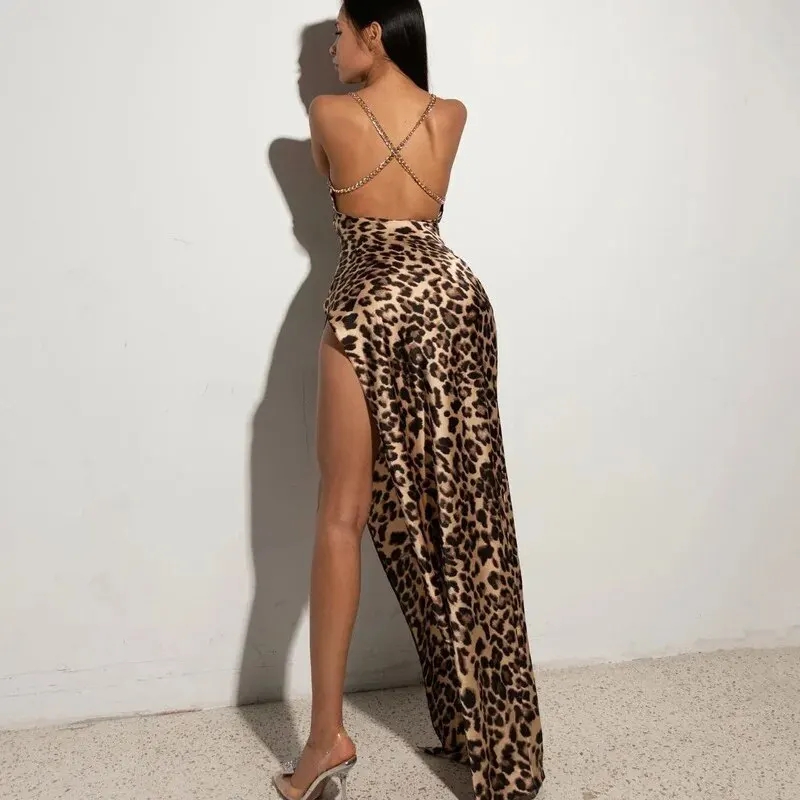 Robe longue femme, Léopard Col en V, robe longue en Bretelles, dos nu, LIVRAISON GRATUITE