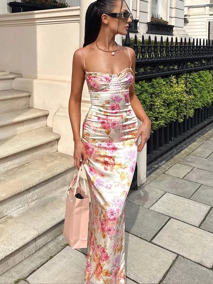 Robe de Soirée, à Imprimé Floral, avec Bretelles spaghetti, Robe élégante, LIVRAISON GRATUITE