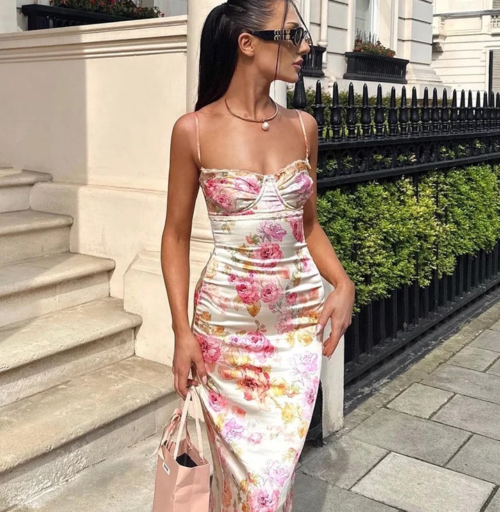 Robe de Soirée, à Imprimé Floral, avec Bretelles spaghetti, Robe élégante, LIVRAISON GRATUITE