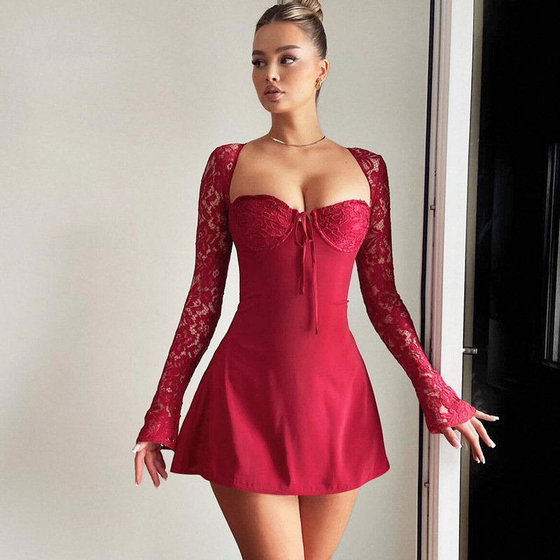 Robe pour femme, mini robe en dentelle, robe manches longues, dos nu, LIVRAISON GRATUITE