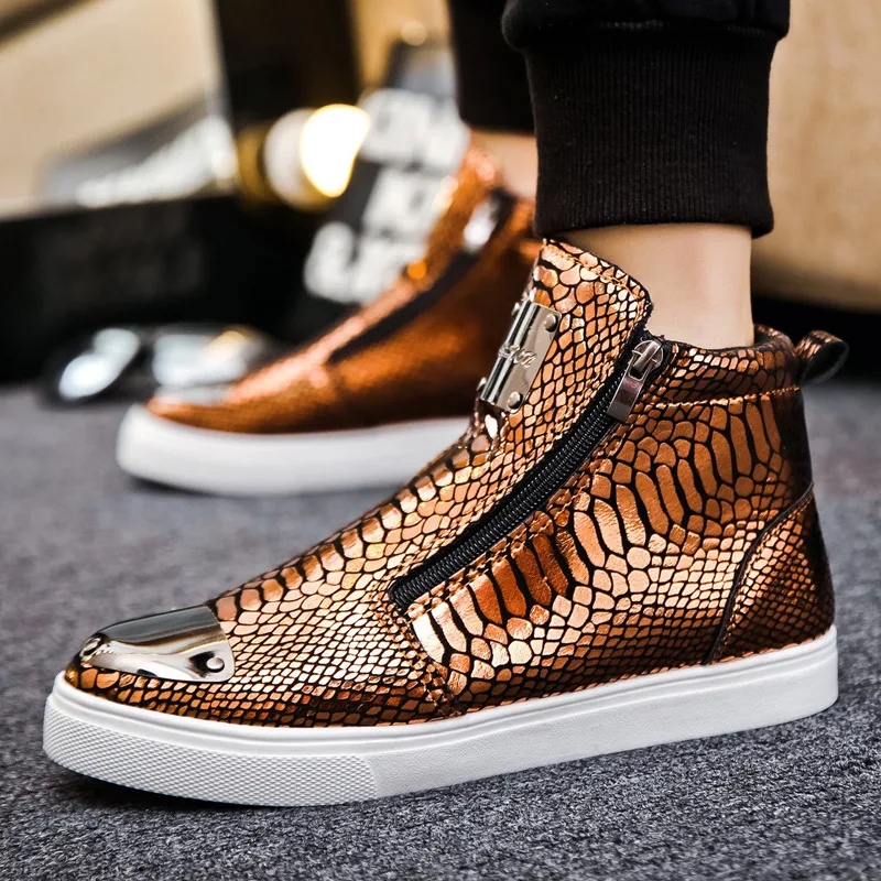 Basket homme tendance, basket montante homme, à fermeture éclaire et paillettes, cuir de crocodile
