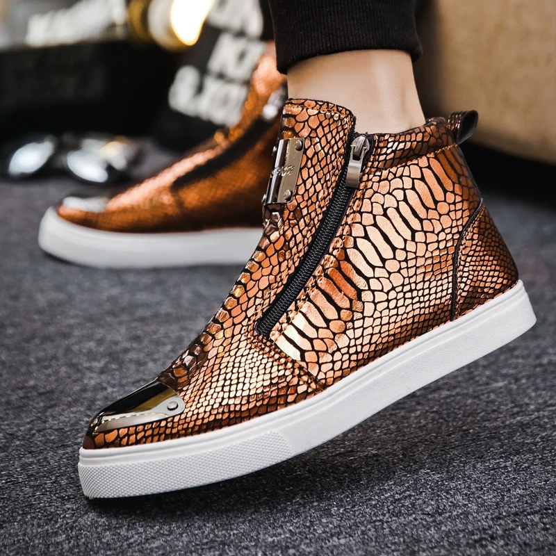 Basket homme tendance, basket montante homme, à fermeture éclaire et paillettes, cuir de crocodile