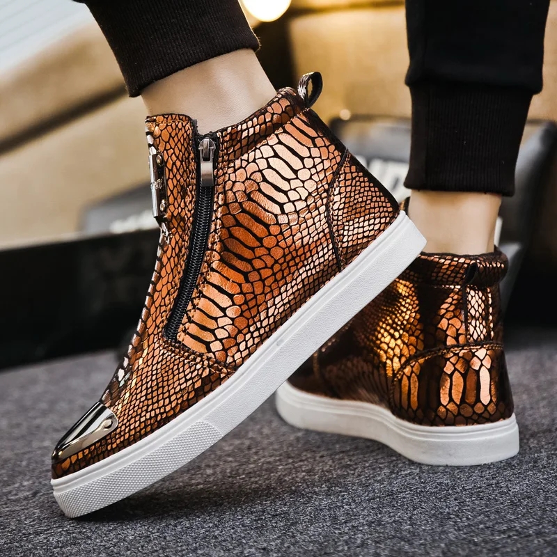 Basket homme tendance, basket montante homme, à fermeture éclaire et paillettes, cuir de crocodile