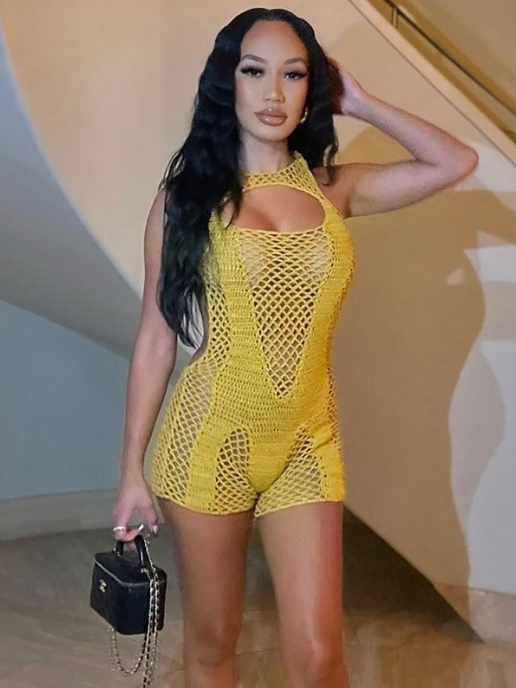 Combishort femme, Combinaison sexy à col en rondeur et dos nu, style plage, mince, évidée