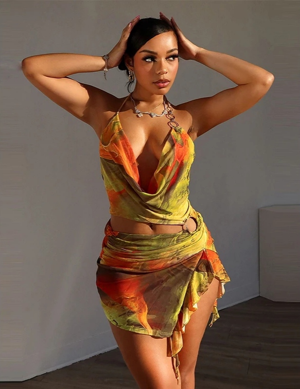 Robe à col licou, mini robe en maille, imprimée colorée, sexy, dos nu, fendue, vêtements de vacances, 2024