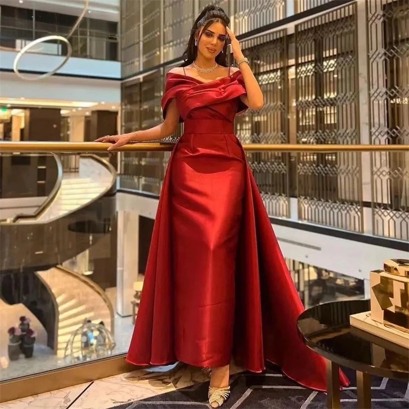 Robe de soirée chic, en satin rouge, forme Sirène, Longueur cheville,Tenue Formelle à Plis et Bretelles Spaghetti, Robe cérémonie