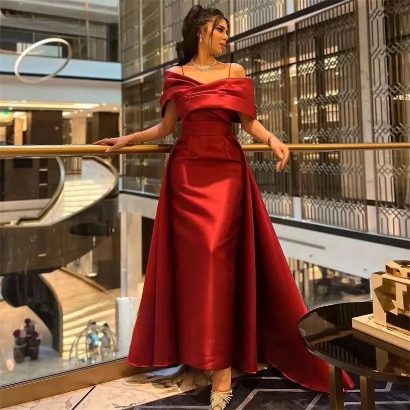 Robe de soirée chic, en satin rouge, forme Sirène, Longueur cheville,Tenue Formelle à Plis et Bretelles Spaghetti, Robe cérémonie 