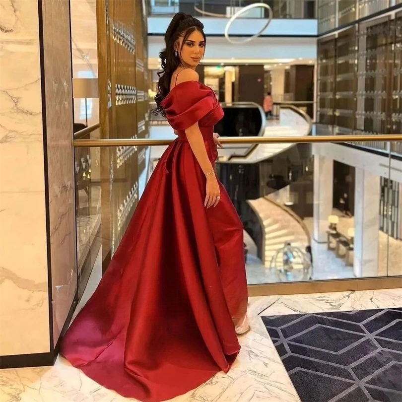 Robe de soirée chic, en satin rouge, forme Sirène, Longueur cheville,Tenue Formelle à Plis et Bretelles Spaghetti, Robe cérémonie 