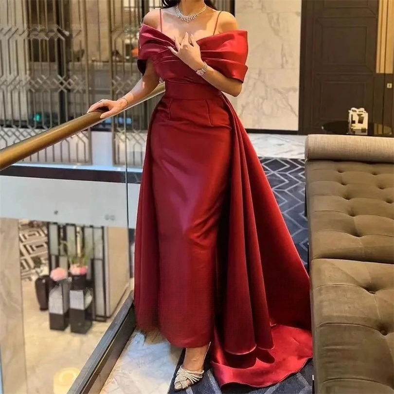 Robe de soirée chic, en satin rouge, forme Sirène, Longueur cheville,Tenue Formelle à Plis et Bretelles Spaghetti, Robe cérémonie 