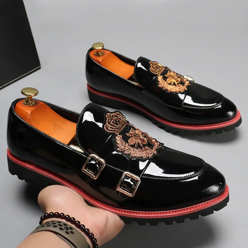 Mocassins homme tendance, brodés à double sangle et paillettes Bling, chaussures confortables, , mocassins de soirée, style britannique