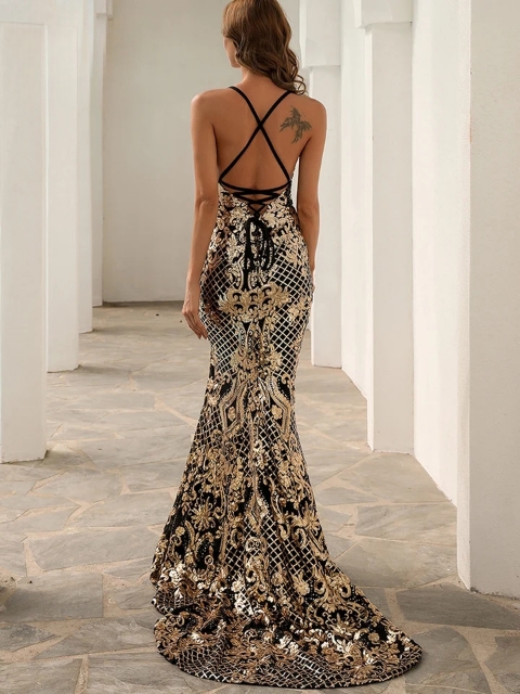 Robe de soiree a paillette longue pour femme, couleurs dorées et noires, bretelles spaghetti, col en V, fente latérale, Robe camisole