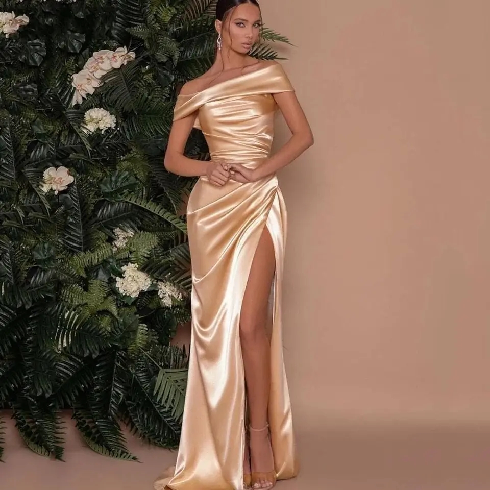 Robe de Soirée longue en Satin, maxi élégante et sexy, Fente Haute, Buste Froncé, Robe formelle longueur de plancher