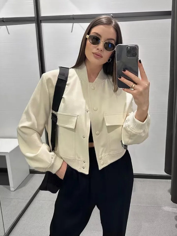 Blouson femme chic Bombardier avec Poches , Vintage, , Bouton Avant, Manches longues, décontracté