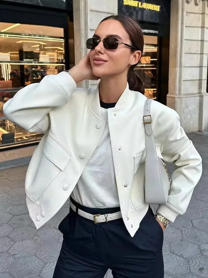 Blouson femme chic Bombardier avec Poches , Vintage, , Bouton Avant, Manches longues, décontracté