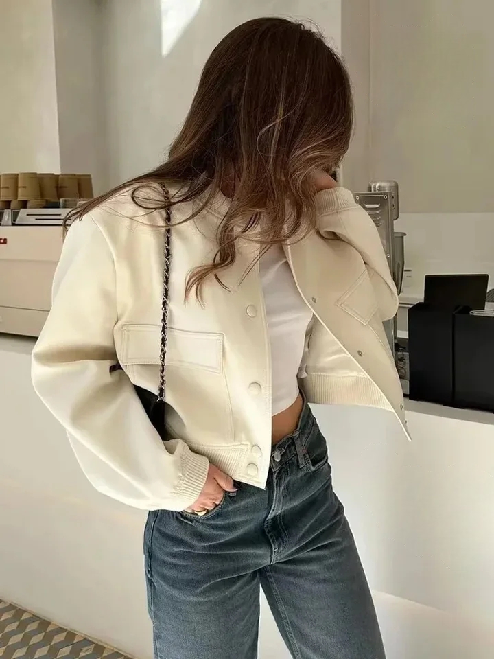Blouson femme chic Bombardier avec Poches , Vintage, , Bouton Avant, Manches longues, décontracté