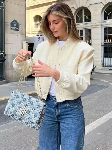 Blouson femme chic Bombardier avec Poches , Vintage, , Bouton Avant, Manches longues, décontracté