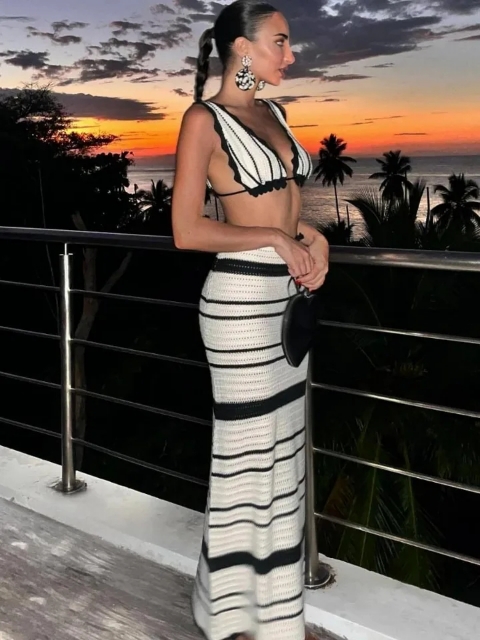 Ensemble deux pièces jupe de plage, sexy, slim, dos nu, vêtements de plage pour femme