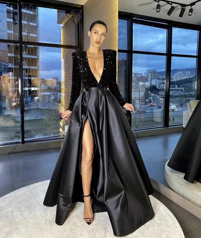 Robe de soirée perlée à col V profond, Robe à paillettes manches longues pour femme, sexy, élégante